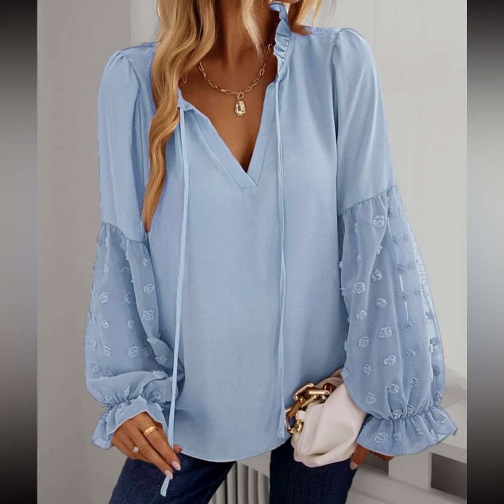 Boho  Swiss dot sleeve tie neck blouse - Picture 12 of 13